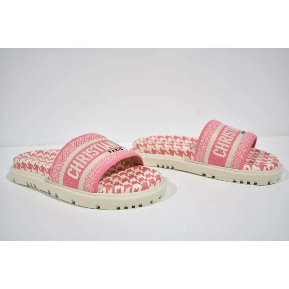 Christian Dior Dway Pink White Logo Houndstooth Slide Mule Flat Sandal 37.5 - Picture 4 of 12